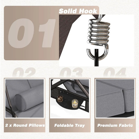 Details of Three Seat Outdoor Porch Swing Chair With Adjustable Canopy Two In One Convertible Backrest Into Bed Thick Cushions Pillow And Cup Holder Weather Resistant Gray including solid hook, round pillows, foldable tray, premium fabric.