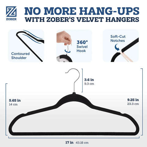 Infographic of Black Velvet Hangers 50 Pack For Clothes, Non Slip Coat Hangers with 360 Degree Swivel Hooks and contoured shoulders.