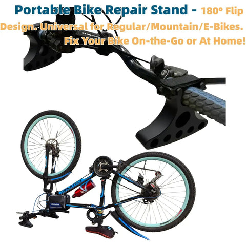 Plug-And-Play Handlebar Mounted Bike Repair Stands Pair on a mountain bike, demonstrating no riding interference setup.