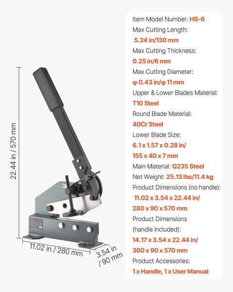 Heavy Duty 6 Inch Sheet Metal Shear With Extended Handle For Clean Cuts In Steel Copper Aluminum Manual Mounting Cutter displayed with dimensions and features