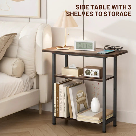 Tiny Footprint 3 Tier End Table With Wide Storage Surface For Small Spaces Rustic Brown Narrow Side Table next to sofa