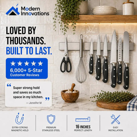 16 Inch Stainless Steel Magnetic Knife Bar for Kitchen Storage and Home Organization, holds knives and kitchen tools.
