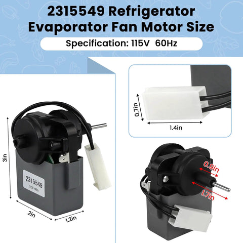 Diagram showing dimensions of Refrigerator Evaporator Fan Motor For Whirlpool Kenmore Replacement Easy Install Replaces WP2315549 2220569