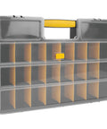 Front view of 26 Adjustable Compartment Hardware Organizer Box With Dividers Durable Plastic Screw Storage Case.