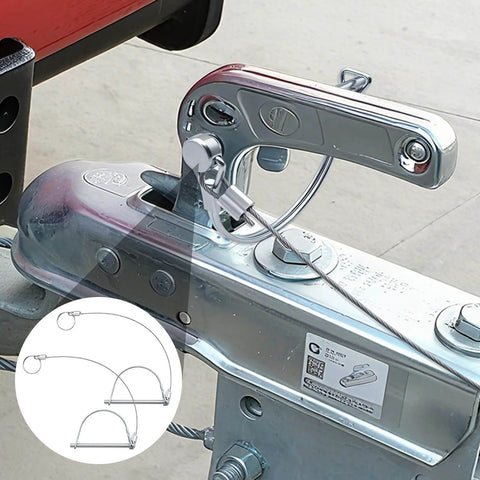Two Pack Trailer Coupler Pins With Quick Release Ring And Locking Pin Design For Arch Hitch Use On Farm Trailers And Towing Accessories One Quarter Inch By Three Point Two Inches Durable Galvanized Carbon Steel Built Tough For Long Life And Easy Removal installed on a trailer hitch.
