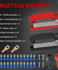 Beefy 150 Amp 12 Volt Marine Bus Bar With Copper Power Distribution Block And Cover For Boat Automotive Solar Wiring Positive Ground One Quarter Inch Terminal Studs kit contents with red and black bars