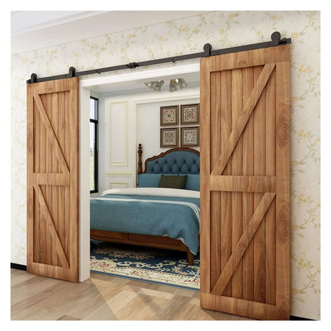 Sliding Barn Door Hardware Kit For 4 To 20 Feet Rail System Industrial Track T Style Rollers For Double Wood Doors Easy To Install 224cm Rail Kit And Full Sliding System Included installed in bedroom doorway.