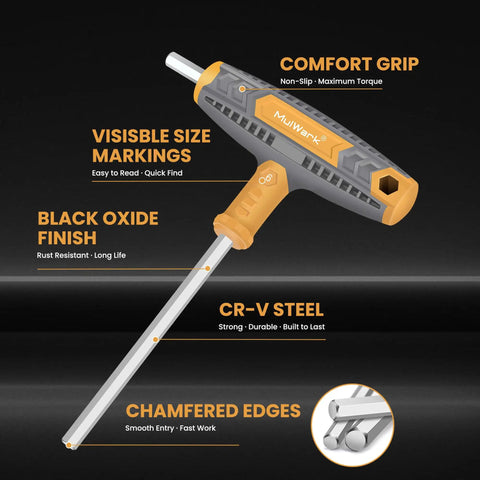 Close-up of 14 Piece T Handle Allen Wrench with comfort grip, visible markings, and chamfered edges.