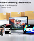 Barcode Scanner With Stand, Bluetooth And Wireless USB Wired Options, No Brainer Setup For POS And Inventory, Workhorse 2D 1D QR Code Reader displayed with laptops and tablets