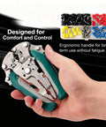 Hand holding 8 In 1 Electrician Pliers Set With Self Adjusting Wire Stripper Cutter And Crimp Tool for quick wire cuts.