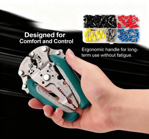 Hand holding 8 In 1 Electrician Pliers Set With Self Adjusting Wire Stripper Cutter And Crimp Tool for quick wire cuts.