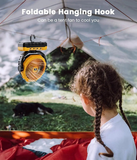 36000mAh Portable Camping Fan With Detachable Batteries Led Light And Remote Four Speeds Rechargeable for tent use.