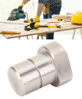 Pro Grade Twenty Millimeter Bench Dogs Set stainless steel table stop against woodworking setup with tools in background.