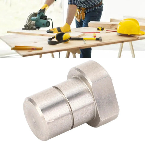 Pro Grade Twenty Millimeter Bench Dogs Set stainless steel table stop against woodworking setup with tools in background.
