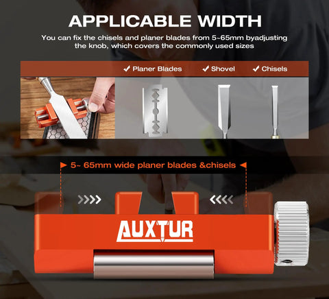 Heavy Duty Chisel Sharpener Jig With Integrated Whetstone And Adjustable Honing Guide For Woodworking Blades, showing 5-65mm width adjustment.