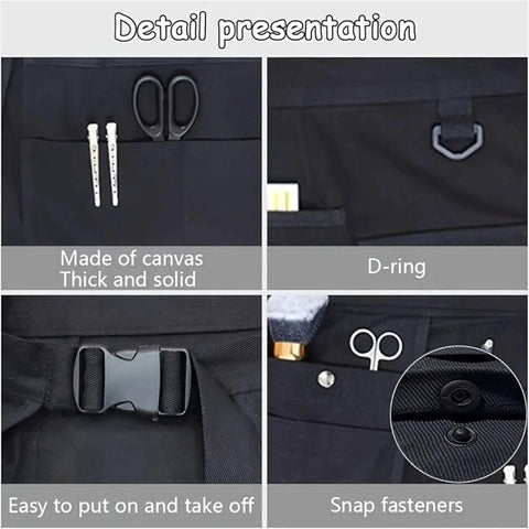Dang Tough Canvas Tool Belt Bag Multi Pocket Work Apron Rugged Gear Pouch with D-ring, snap fasteners, and pockets for tools.