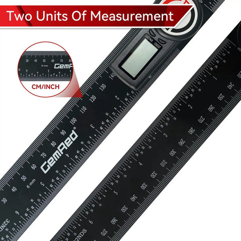 Knockout Digital Protractor And Angle Finder Ruler Dropping Dead On Inside Outside Measurements On A Backlit Display built hard, showing digital readout and CM/inch measurements.
