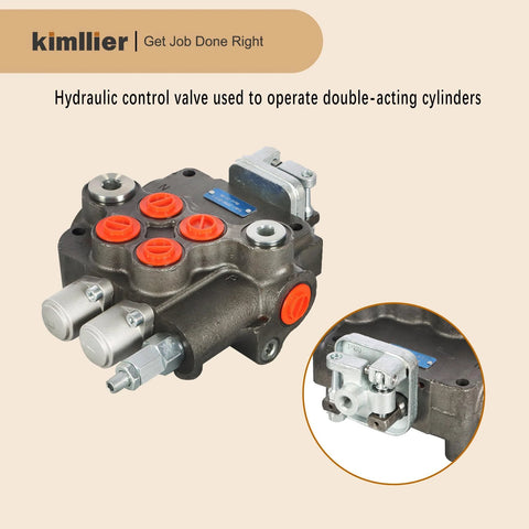 Kimllier 2-spool hydraulic directional control valve with joystick, SAE ports, orange port plugs.