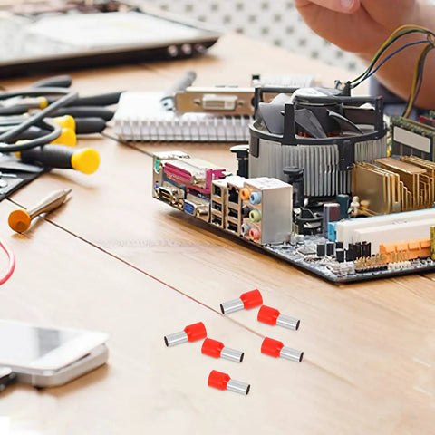 Huge 100 Pack Wire End Terminal Kit With Non Insulated Ferrule Connectors Made From Stainless Steel Plus Plastic To Stop Short Circuits And Boost Electrical Wiring Reliability For DIY Projects And Car Repairs. Red wire ferrule connectors on electronics board