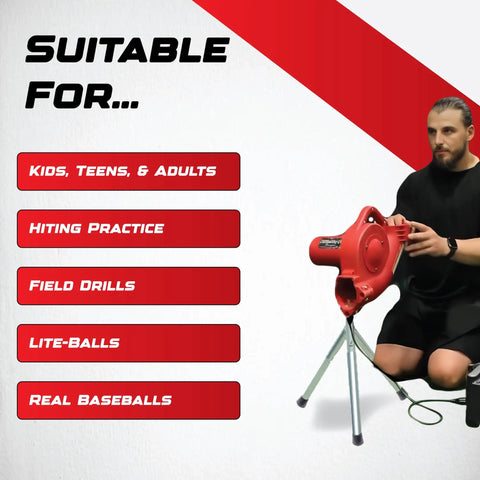 Kid Friendly Portable Baseball Pitching Machine With Adjustable Speed And Angle For Backyard Practice 12 Ball Automatic Feeder Keeps Throws On Point And Builds Young Players' Skills showing suitability for various uses.