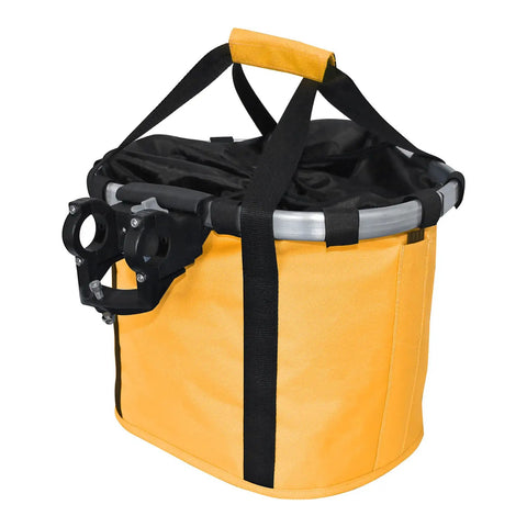 Front Bike Basket For Dogs With Easy Install Quick Release Handlebar Mount, Folding Detachable Carrier, yellow fabric, side view