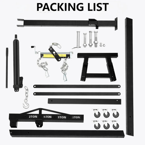 Heavy Duty 2 Ton Hydraulic Engine Hoist Cherry Picker With Manual Pump Lever And Compact Fold Steel Frame components and parts laid out.