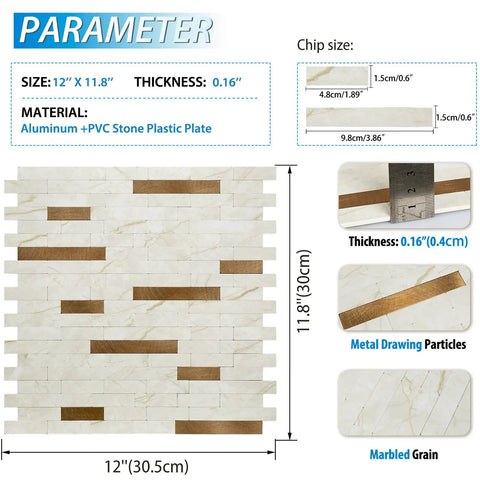 10 Sheet Peel And Stick Backsplash Subway Tile In Copper Beige Marble Look For Kitchen And Bathroom, real textured stone detail