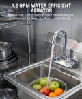 Real Deal Commercial Wall Mount Kitchen Faucet Featuring A Smooth 360 Degree Swivel Gooseneck Spout With Stainless Steel Finish For Restaurant Crews And No Fuss Heavy Duty Sink Cleanup, rinsing fruits in stainless steel sink.