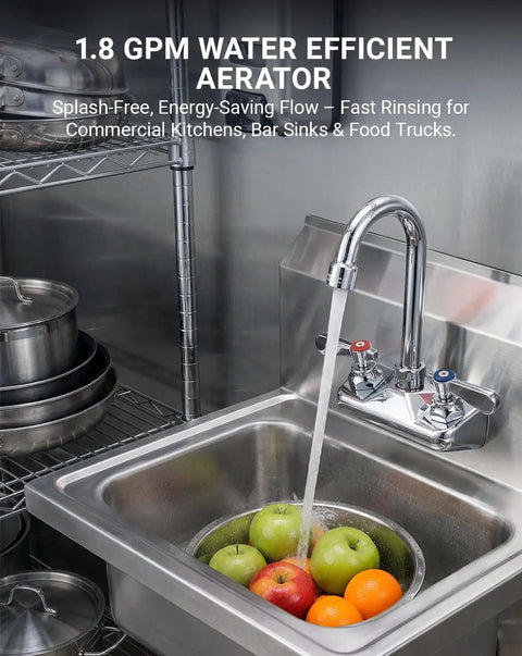 Real Deal Commercial Wall Mount Kitchen Faucet Featuring A Smooth 360 Degree Swivel Gooseneck Spout With Stainless Steel Finish For Restaurant Crews And No Fuss Heavy Duty Sink Cleanup, rinsing fruits in stainless steel sink.