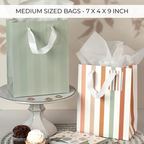 Grab And Go Medium Sized Gift Bag Set With Handles, 9 Inch, in pastel tones, includes matching tissue paper, shown with envelopes.