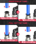 Diagram showing tube insertion and removal for Five Sixteenths OD To One Quarter NPT Thread Male Elbow And Straight Quick Connect Air Fitting