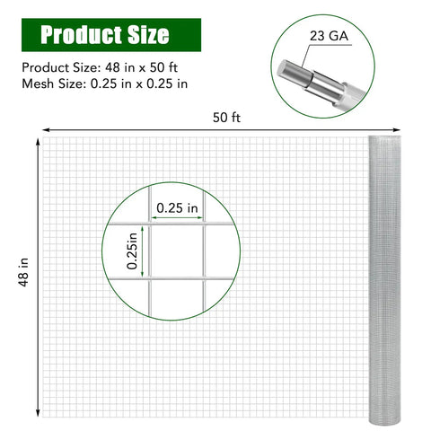 Heavy Duty Galvanized Wire Mesh Roll 48 in x 50 ft with 0.25 in mesh size, designed for critter protection in gardens.