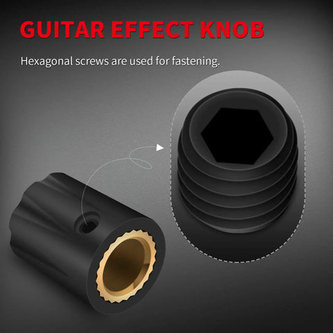 Close-up of black 10 Pack Guitar Pedal Knobs Pro Grade 1/4 Inch Shaft with Set Screw ABS Plastic, hexagonal fastening, side and top view