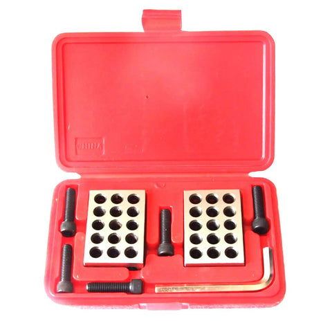 Precision One Two Three Inch Machinist Blocks Pair Delivers No Slop Accuracy Cross Drilled Frame With Tapped Holes Comes Ready With Stainless Hex Bolts And Rugged Case For Real World Builds in red case with hex bolts.