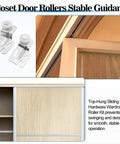 Sliding Closet Door Roller Kit With Floor Guide For Top Hung Wardrobe Doors Replacement Hardware Includes Track And Adjustable Guides Fits Three Quarters Of An Inch To One And Three Eighths Inches Doors, shown in use on wooden closet doors with close-up of roller and track system.