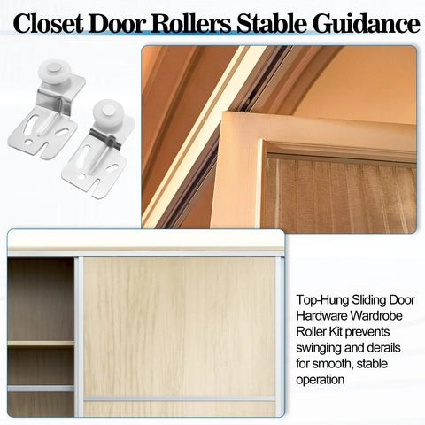 Sliding Closet Door Roller Kit With Floor Guide For Top Hung Wardrobe Doors Replacement Hardware Includes Track And Adjustable Guides Fits Three Quarters Of An Inch To One And Three Eighths Inches Doors, shown in use on wooden closet doors with close-up of roller and track system.