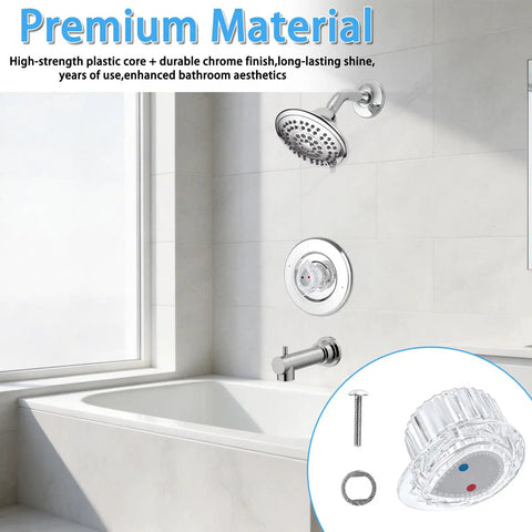 Posi-Temp Single Handle Shower Knob Replacement Kit For Tub And Shower Faucets White Button Insert Fits 100710 Valve And 1222 And 1222B Cartridges Easy Install DIY Faucet Accessory shown with tub and shower setup