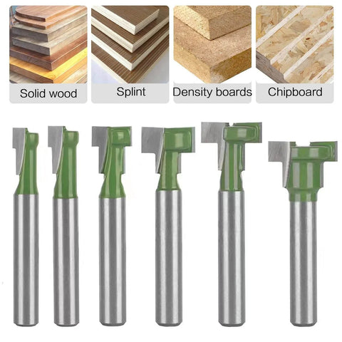 Keyhole Router Bit Set for Woodworking Six Piece Kit with Blade Diameters, shown with various wood types for slotting tracks