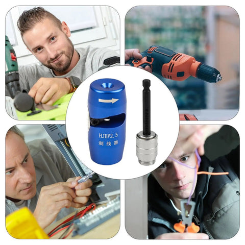 Premium Cord Drill Wire Stripper And Cable Sheathing Crimper Tool For Electrical Pros handheld tool in use during wire stripping.