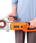 Heavy Duty Portable Electric Pipe Threader Kit With Six Dies For 1/2-2 Inch Pipes, shown with user holding it, lightweight aluminum design.