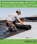 Man installing Heavy Duty EPDM Rubber Roofing Membrane Roll 50 Mil Thick 39 By 15 Feet Black on a flat roof.