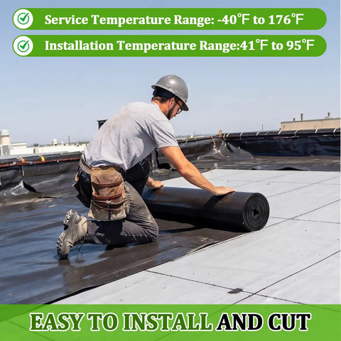 Man installing Heavy Duty EPDM Rubber Roofing Membrane Roll 50 Mil Thick 39 By 15 Feet Black on a flat roof.