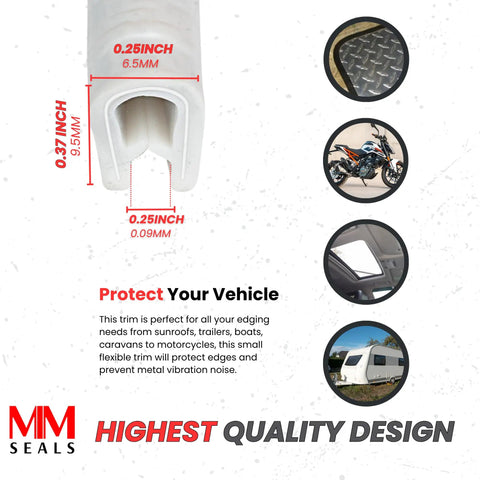 White Edge Trim Small 0.375 Inch U Height And 0.039 To 0.093 Inch Grip Range For 100 Foot Flexible Edge Channel Strip With Snap In Clips No Adhesive Needed Easy Install Durable White Finish For Car Home And Furniture Edges, featuring detailed measurements and product uses in image.