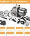 Shop Ready Three Jaw Chuck With Dividing Head Kit And Vertical Horizontal Rotary Index Table For Mill Machines Includes Real Deal Tailstock Assembly Smooth Cast Iron Operation Built Heavy Duty Tooling, 6" bench top milling machine with accessories.