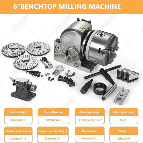 Shop Ready Three Jaw Chuck With Dividing Head Kit And Vertical Horizontal Rotary Index Table For Mill Machines Includes Real Deal Tailstock Assembly Smooth Cast Iron Operation Built Heavy Duty Tooling, 6" bench top milling machine with accessories.