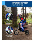 Child riding Kids Electric Dirt Bike 36V 300W Ride On with Quiet Hydraulic Suspension in forested area, showcasing shockproof performance.