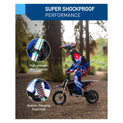 Child riding Kids Electric Dirt Bike 36V 300W Ride On with Quiet Hydraulic Suspension in forested area, showcasing shockproof performance.