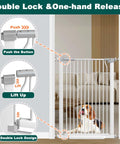 Extra Wide Baby Gate with Walk Through Door in doorway, dog behind gate, showing push and lift mechanism, double lock design.