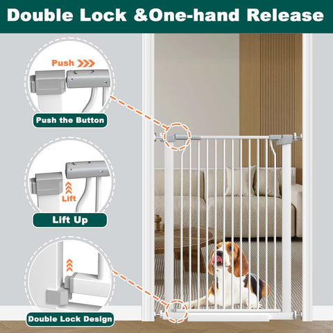 Extra Wide Baby Gate with Walk Through Door in doorway, dog behind gate, showing push and lift mechanism, double lock design.
