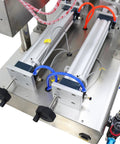Heavy Duty Pneumatic Liquid Filler Workhorse With Heating And Mixing Functions showcases dual fill nozzles and stainless steel frame.
